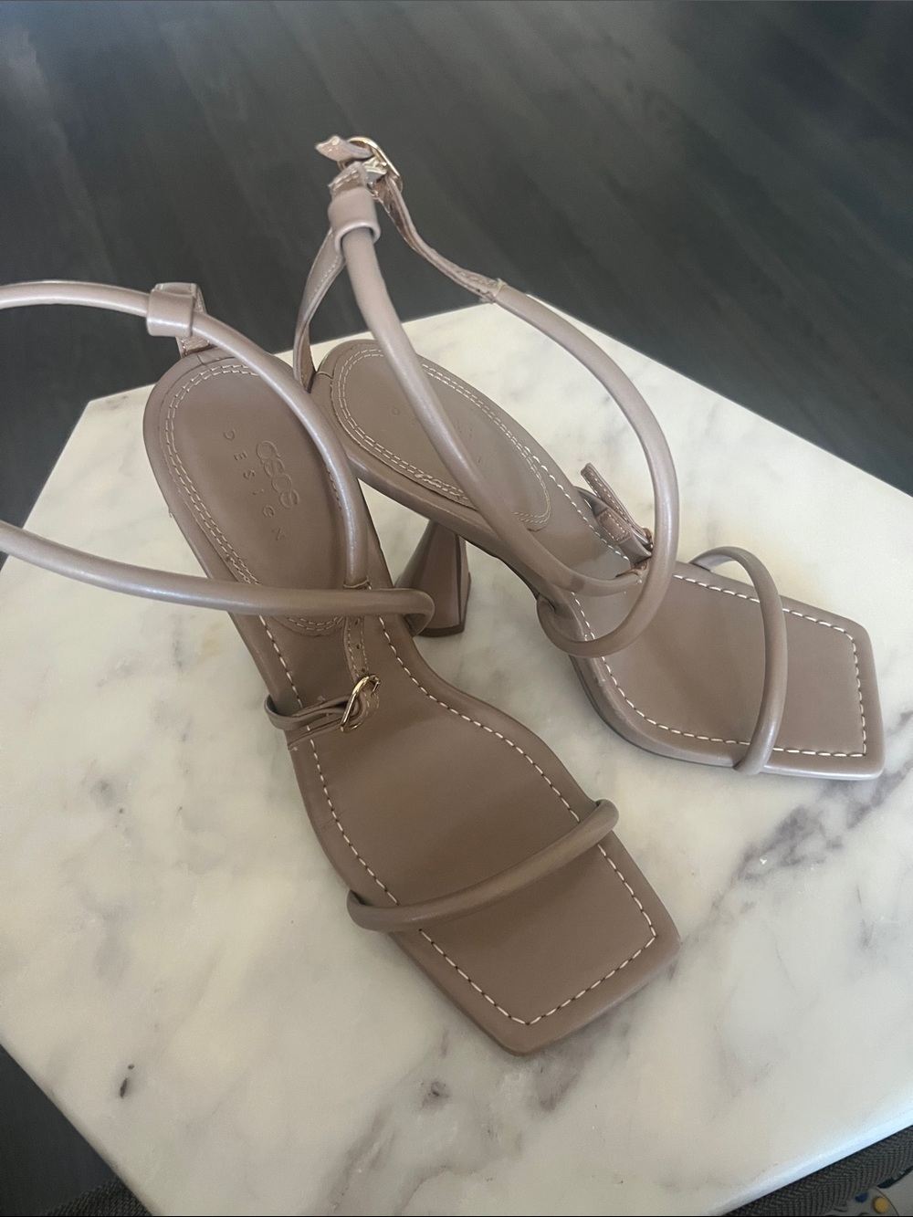 ASOS Taupe Square-Toe Strappy Block Heels